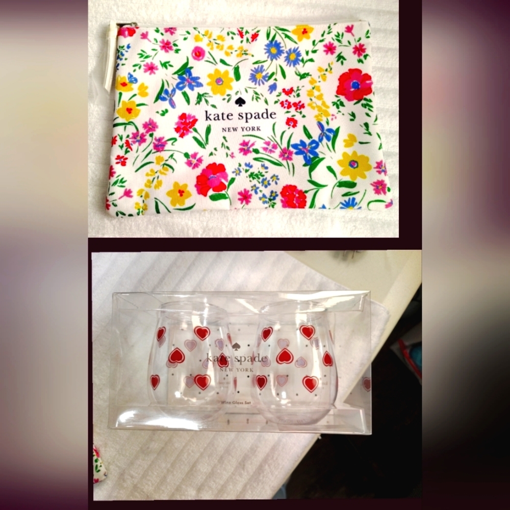 KATE SPADE BUNDLE FLORAL POUCH & RED HEARTS WINE GLASSES NWOT & NWT/NIB